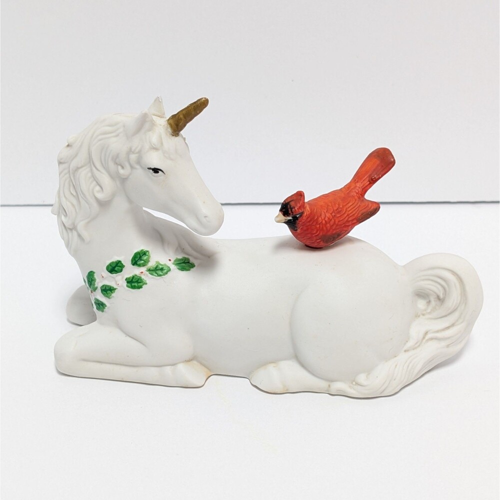 Vintage White Unicorn Cardinal Bird Ceramic Figurine Fantasy Cottagecore Decor